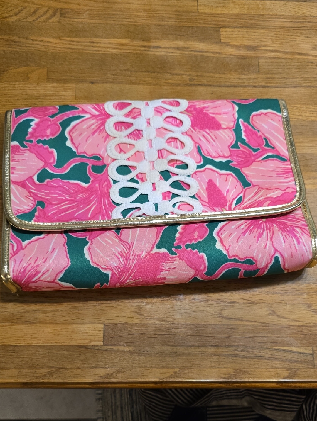 Lilly Pulitzer Medium Size Pink Floral Clutch With Gold Trim